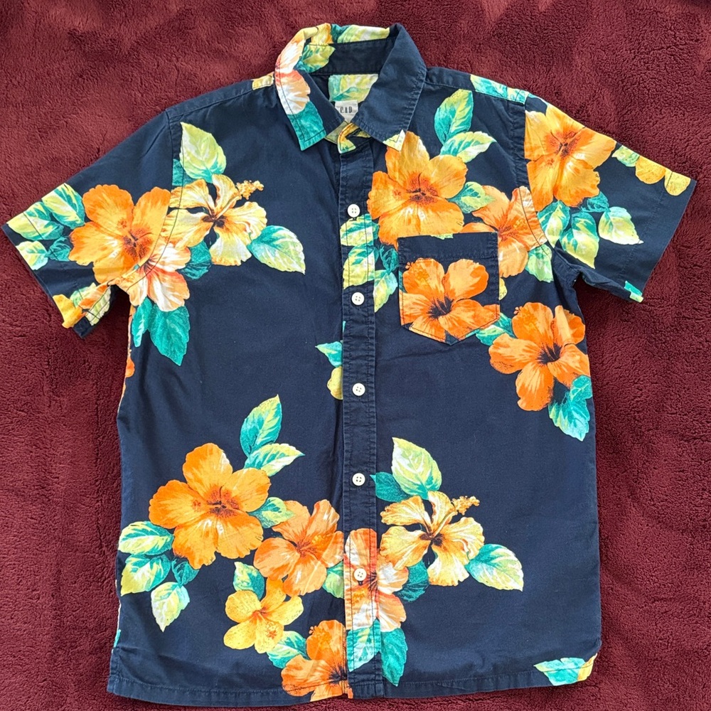 GAP Kids Navy and Orange Floral Button Down Shirt